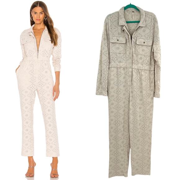 Free People Set The Tone Jumpsuit Eyelet Coveralls Ivory Cream Size US 12 - Picture 1 of 14